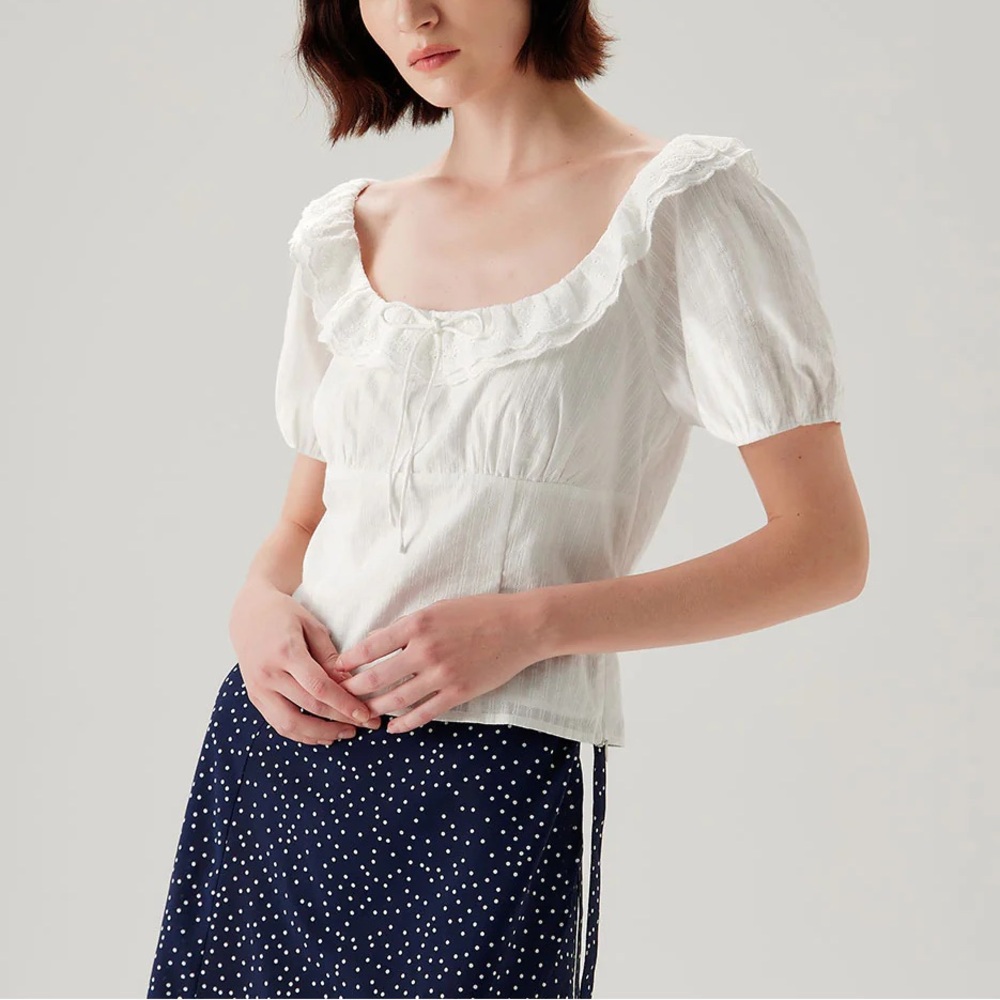 Rihoas White Textured Scoop Neck Ruffle Blouse